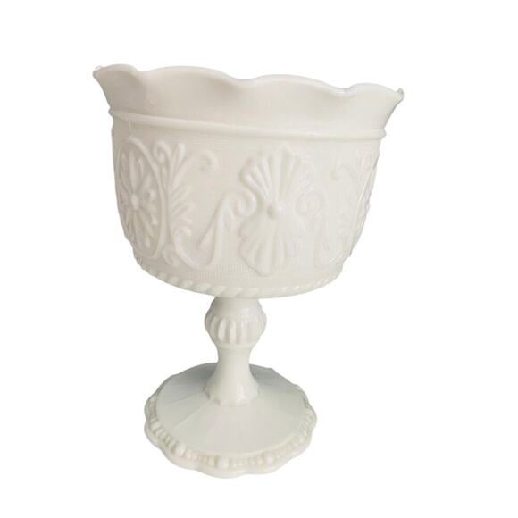 Milk Glass Compote Bowl Planter Candy Dish Scrolled Floral Motif Indiana Glass - Picture 7 of 7